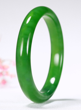 【久龙玉器】女神款稀缺花猫苹果绿和田碧玉手镯和田手镯33.47g