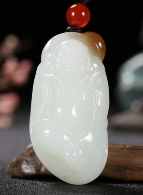 久龙玉器】天然红糖白肉和田且末糖羊脂玉挂件和田吊坠笑佛37.16