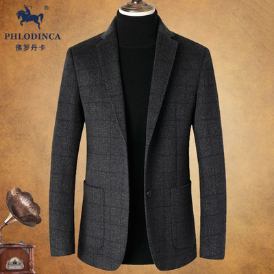 PHLODINCA 秋冬羊毛呢子覆古格子西装外套男商务加厚毛呢休闲西服
