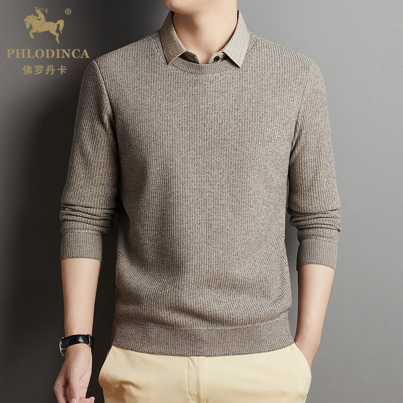 PHLODINCA 衬衫领假两件针织衫男秋冬长袖叠穿条纹毛衣打底衫潮