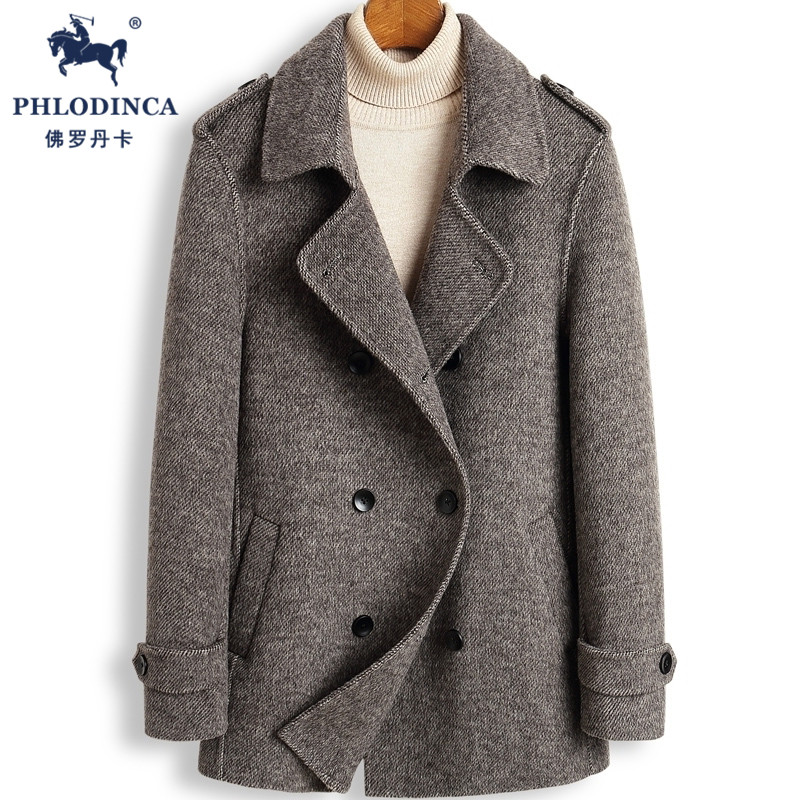 PHLODINCA 毛呢大衣男中短款冬季加厚高级感双排扣翻领双面呢子