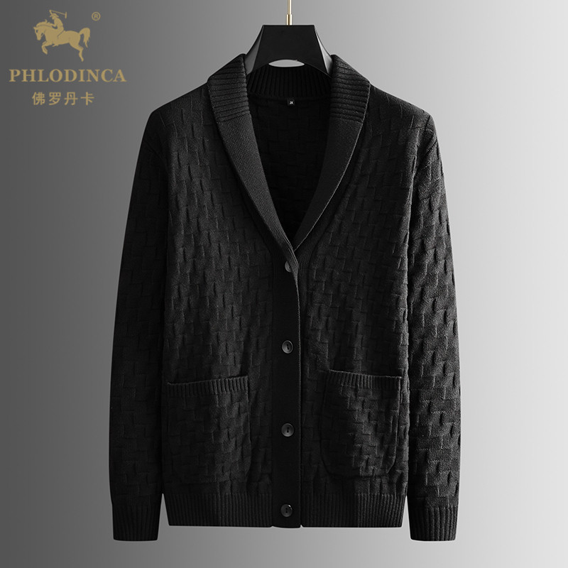 PHLODINCA 高端青果领毛衣男开衫青年休闲扭花编织厚款针织衫外套