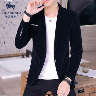 修身 外套男秋冬韩版 加绒小西服上衣 高级金丝绒休闲西装 PHLODINCA