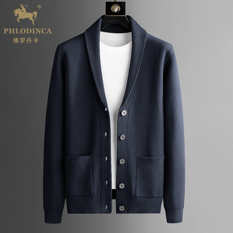 PHLODINCA 高端羊毛开衫男针织衫春秋单排扣羊毛休闲青果领外套潮