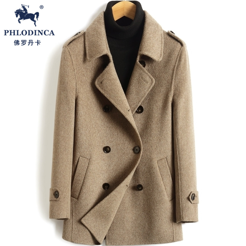 PHLODINCA 轻奢双面呢大衣男中短款双排扣休闲加厚羊毛呢子外套潮