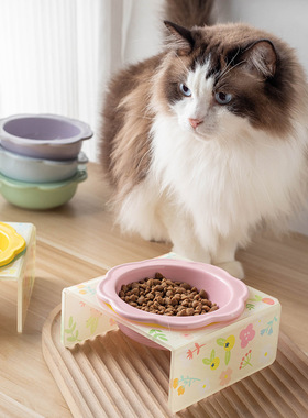 可爱卡通宠物陶瓷碗亚克力架花朵猫碗餐桌小狗狗碗托架护颈防打翻