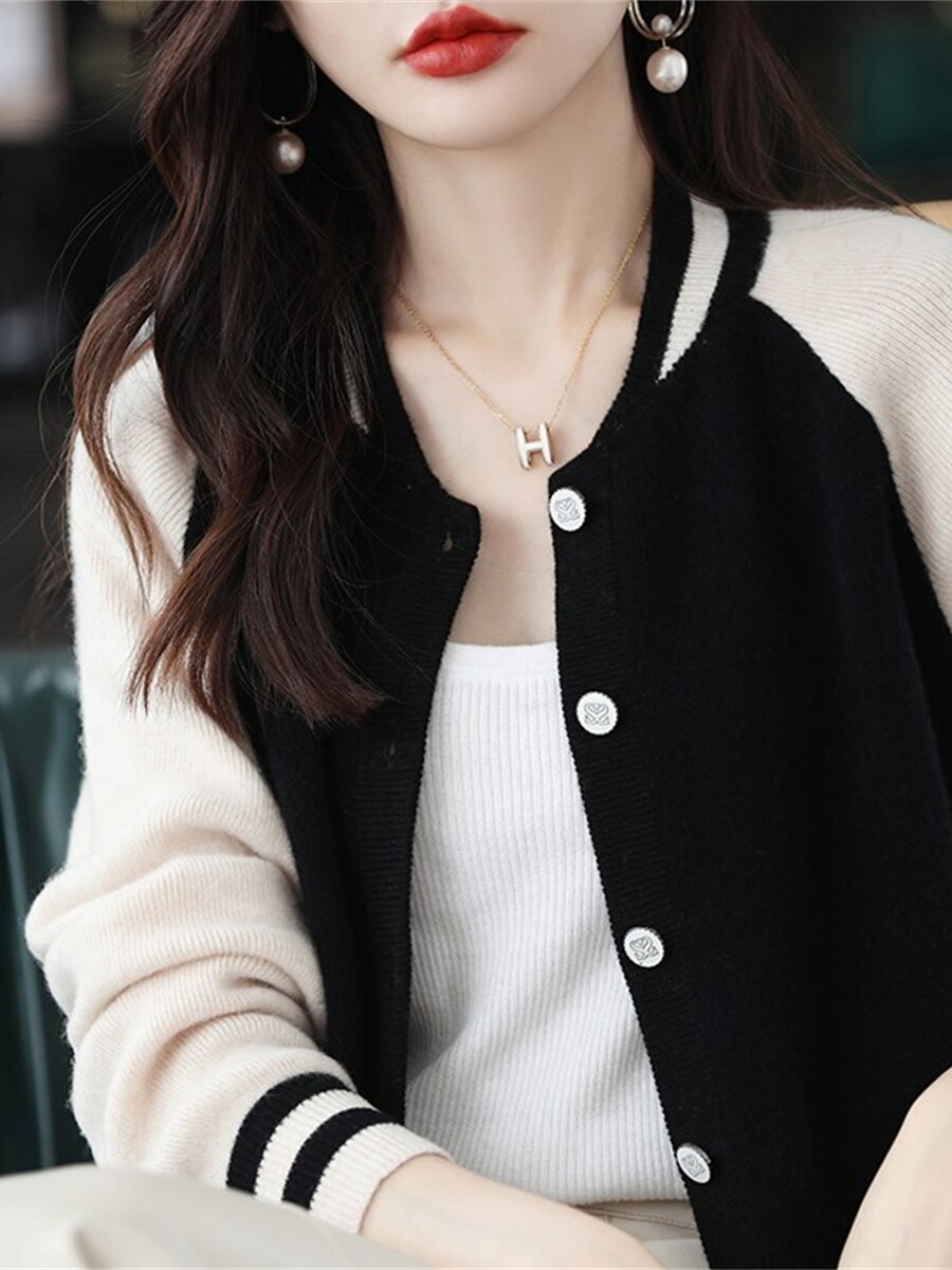 프랑스 가을 겨울 상품 새로운 다목적 싱글 브레스트 슬리밍 컬러 블록 라운드 넥 재킷 울 니트 가디건