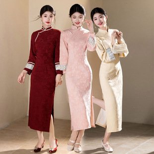 粉色素雅新中式改良倒大袖旗袍女秋冬薄绒淑女范日常可穿订婚礼服