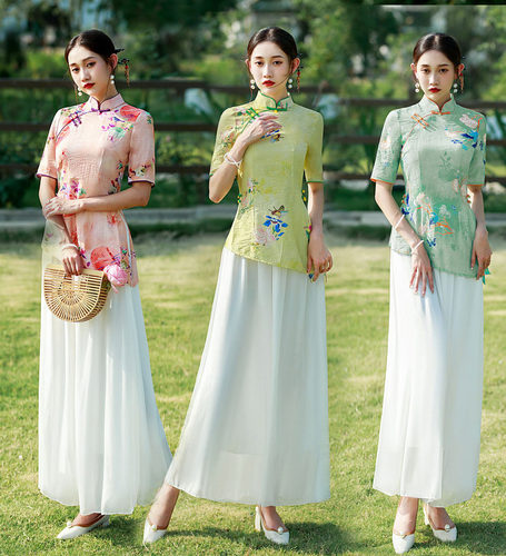 国风天丝旗袍裤套装茶服仙气夏季