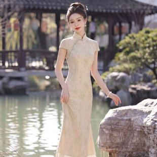 鹅黄色鱼尾提花旗袍2026新款改良复古日常新中式订婚连衣裙女夏季
