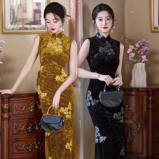 金黄色无袖新中式掐腰长款改良旗袍2026新款年轻款女复古修身礼服