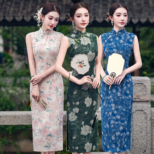 复古新中式无袖网纱印花旗袍夏季