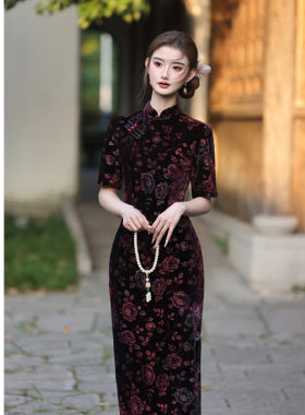 丝绒压花长款中袖旗袍秋季妈妈裙