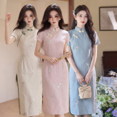 旗袍新中式 日常通勤穿绝美长款 绣花旗袍少女2026年春夏新款 年轻款