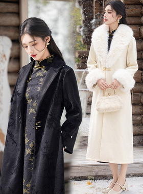 黑色加绒加厚旗袍外套冬装国风新中式长袖外披改良复古秋冬季外披