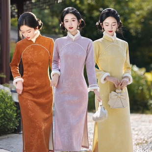 复古风新中式紫色改良版旗袍加绒新款冬季年轻款高端气质连衣裙女