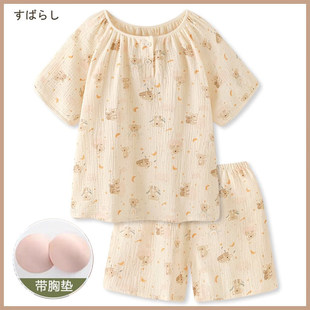 乳垫婴儿棉纯棉双层棉纱布睡衣短袖短裤女秋夏透气全棉薄款女套装