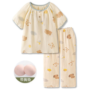 带胸垫双层纯棉纱布睡衣夏天季女短袖卡通可爱家居服乳垫薄款套装