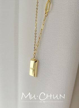 沐椿s925纯银好运暴富小金砖项链女网红轻奢气质高级感金条锁骨链