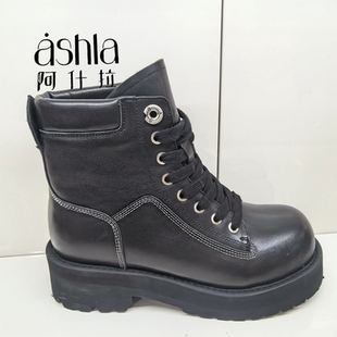 阿什拉女鞋2025冬季新款时尚百搭女棉鞋厚底时装靴马丁靴56852-1