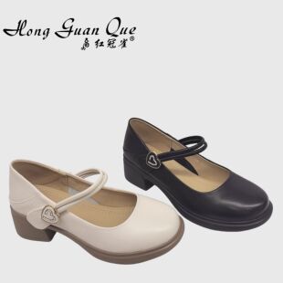 红冠雀女鞋2025春季新款时尚百搭休闲鞋粗跟女单鞋女瓢鞋0217-1