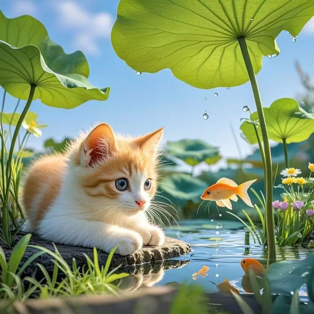 真小猫猫躺在荷花池边抓鱼图案装饰画家居餐厅客厅墙上平面自粘图片
