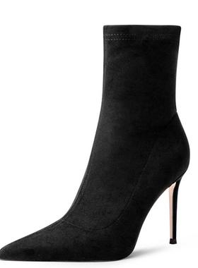 黑色尖头绒面短靴秋冬2024高跟鞋子女中筒靴瘦瘦靴时装靴纯色细跟