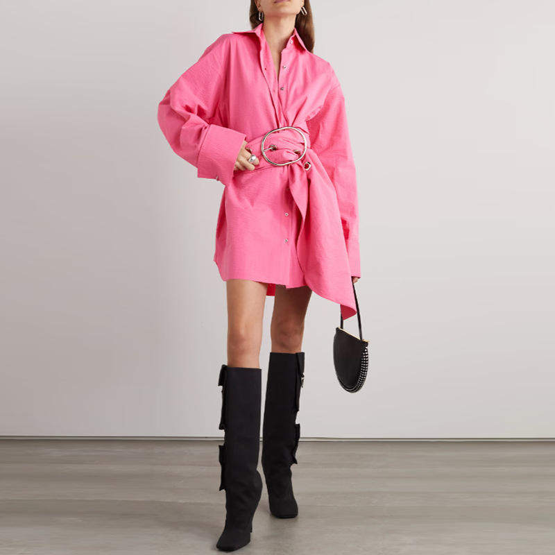 时尚休闲粉色衬衣2025秋季设计感大腰扣装饰中长款百搭衬衫女长袖