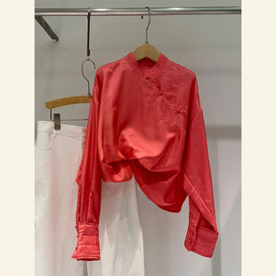 别致绝美新中式国风打底衫上衣设计感小众洋气橘红色盘扣衬衫夏季