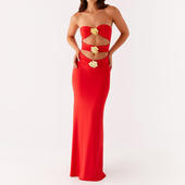 2025夏季 欧美女士性感镂空连衣裙一字领金属花朵辣妹修身 长裙单件