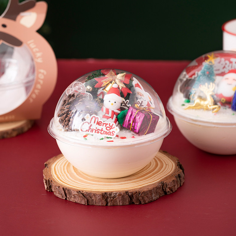 圣诞节慕斯球蛋糕包装盒透明4寸6点心甜品杯打包圆形半球手提盒子