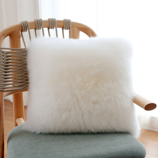 小沙纯羊毛抱枕毛绒靠垫北欧沙发靠垫皮毛一体含芯片真皮靠背椅垫