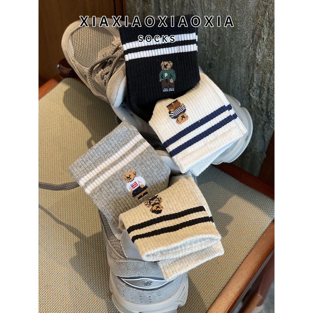 《满五双包邮》韩国进口女袜杠条小熊束腰四季中筒棉袜