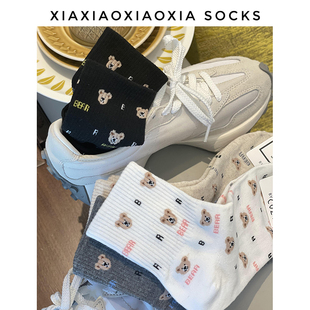 韩国进口女袜四季 包邮 棉袜可爱熊头中筒束腰运动袜红袜 满五双