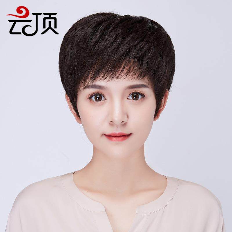 云顶假发短发纹理款齐刘海圆脸中老年发套全真发微卷整顶修饰脸型