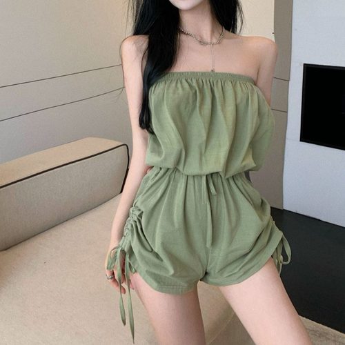 多巴胺甜美风新款抹胸绑带褶皱阔腿设计感收腰宽松纯色百搭连体裤