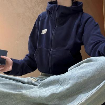 美式复古藏青色连帽短款开衫卫衣女2024秋冬正肩修身辣妹运动外套