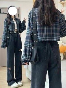 格子衬衣宽松设计感防晒复古薄款 高腰短款 女夏季 衬衫 辣妹外套 长袖