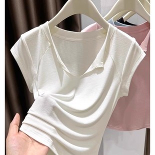 小众V领t恤冰丝薄款 2025美式 显瘦百搭休闲显瘦纯色休闲上衣女ins