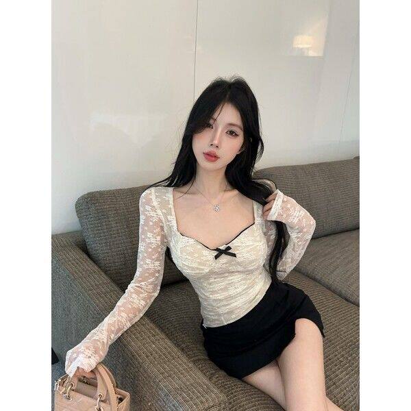 纯欲甜美蝴蝶结拼接蕾丝长袖T恤衫法式气质修身百搭独特别致上衣