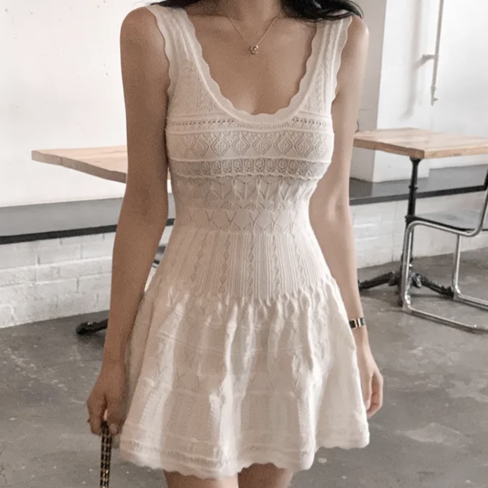 辣妹纯欲蕾丝无袖针织背心连衣裙女夏季新款收腰a字吊带短裙裙子