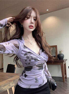 紫色性感辣妹方领打底长袖T恤夏季修身显瘦内搭薄款粉色上衣ins女