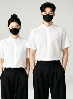 2026新款夏季男女同款工作服衬衫发型师餐厅制服中山立领短袖衬衣