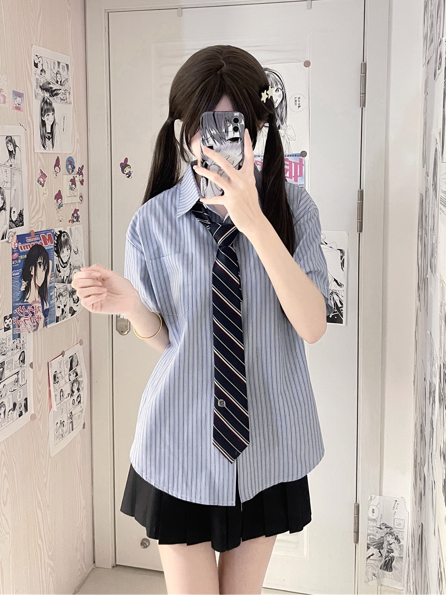 【刺篇】jk制服蓝色条纹宽松短袖衬衫休闲防晒衬衣女百搭日系新款