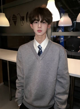 【刺篇】dk制服纯色基础款长袖毛衣学院风学生V领套头男针织上衣
