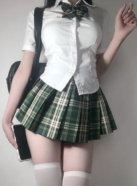 【刺篇】jk制服森野川绿色格裙修身衬衣学院百褶裙收腰衬衫套装女