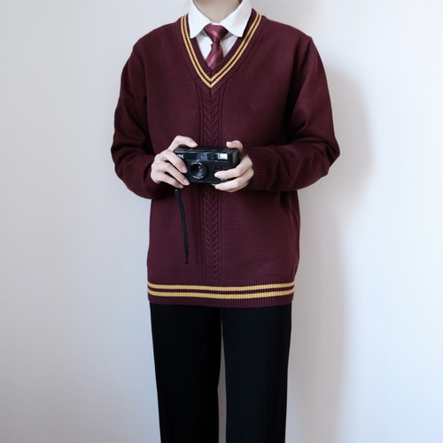 DK制服针织毛衣深洋红色男秋冬