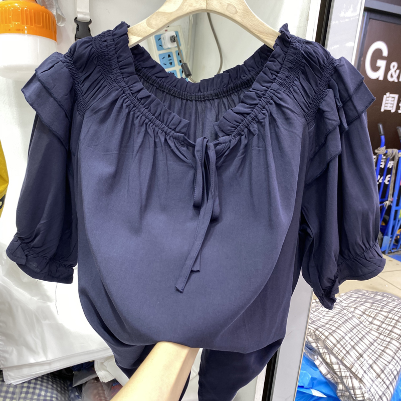3夏季2021新一字肩短袖雪纺衫女上衣宽松显瘦设计感小众遮肚子小衫