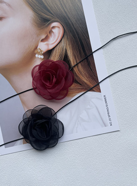 黑天鹅 欧根纱花朵项链气质玫瑰生日颈饰表演走秀酒红氛围感配饰