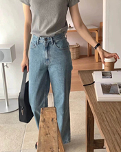 simplest form复古简约显瘦中蓝色高腰小直筒牛仔裤